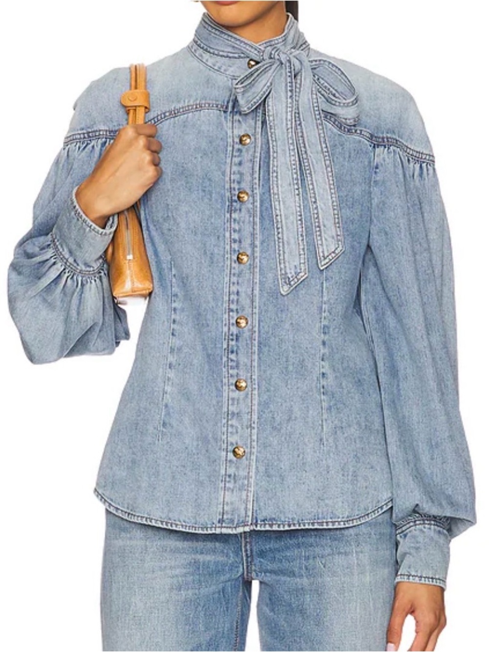Zimmermann Light Blue Denim Shirt with Gold Button and neck tie